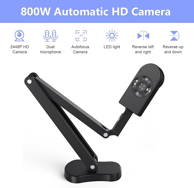 THUSTAR 8MP Document Camera & Webcam 4K with Dual Microphones, USB Visualiser A3-Size, 3-Level LED Lights, Image Invert Function, Fold, for Live Demo, Distance Education -Windows, macOS and Chrome OS