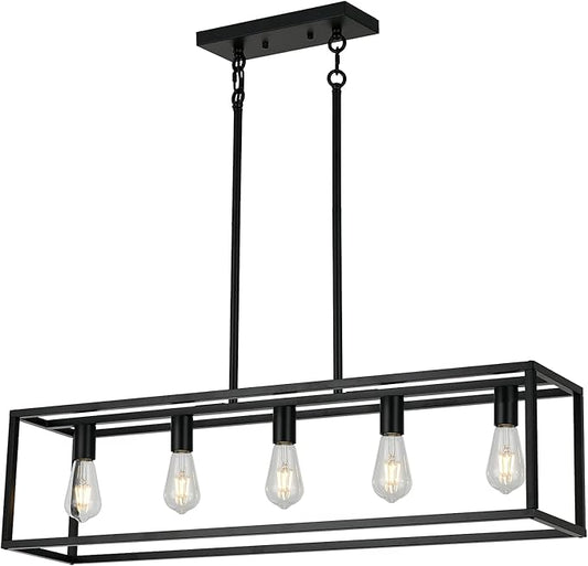 XILICON Kitchen Island Lighting Farmhouse Chandeliers Black 5 Light Modern Dining Room Lighting Fixtures Hanging, Kitchen Island Cage Linear Pendant Lights Ceiling Light