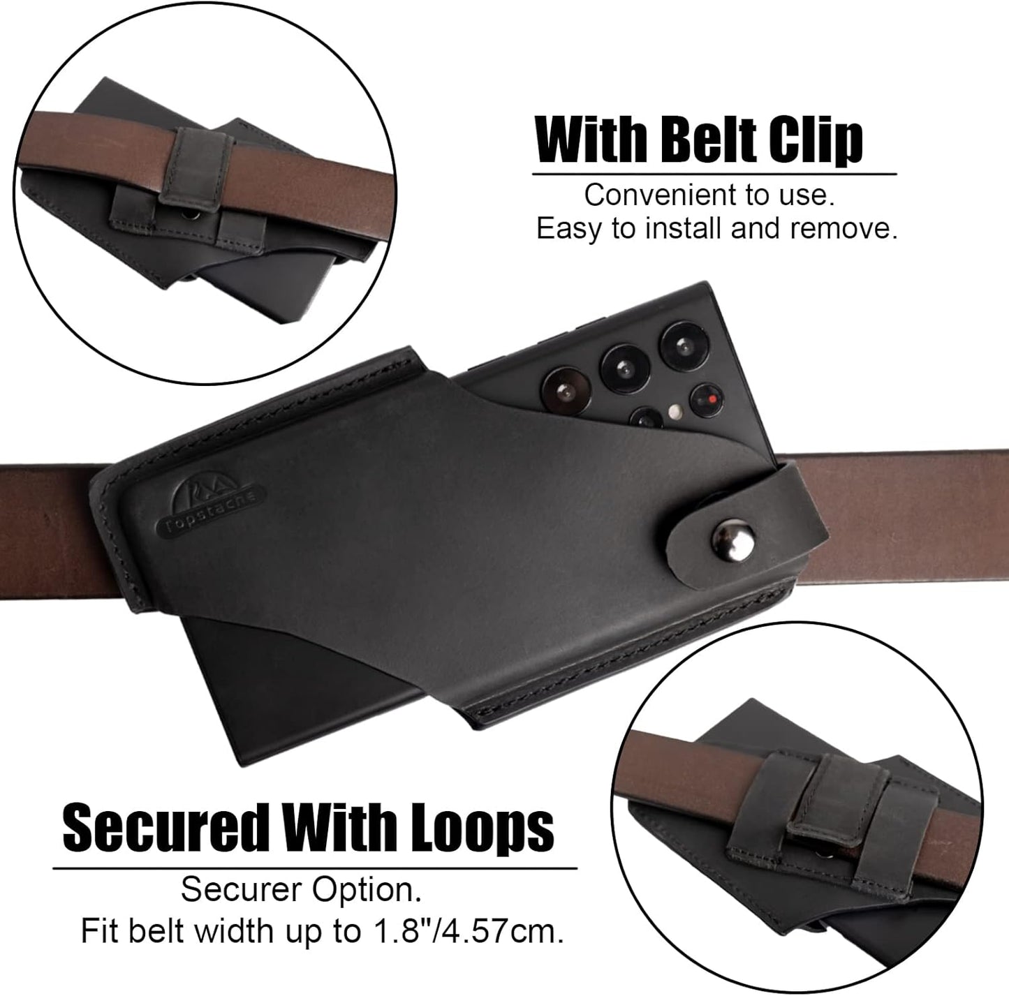 Topstache Leather Phone Holster with Magnetic Closure, Belt Clip Loop Case for iPhone & Samsung, Black, Medium