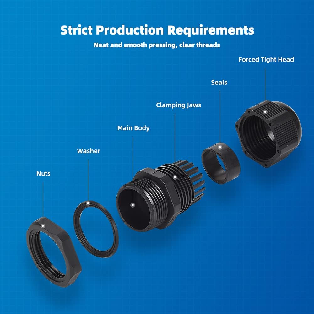 Cable Gland 20 Pack Plastic Waterproof Adjustable Connector 5-10mm PG11 Strain Relief Cord Connectors Joints Nylon with Gaskets