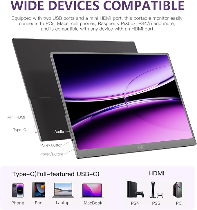 FMC Portable Monitor Compatible with Windows, MacBook, Phone, Switch, Xbox & PS5 Portable Gaming External (15.6-250NITS)