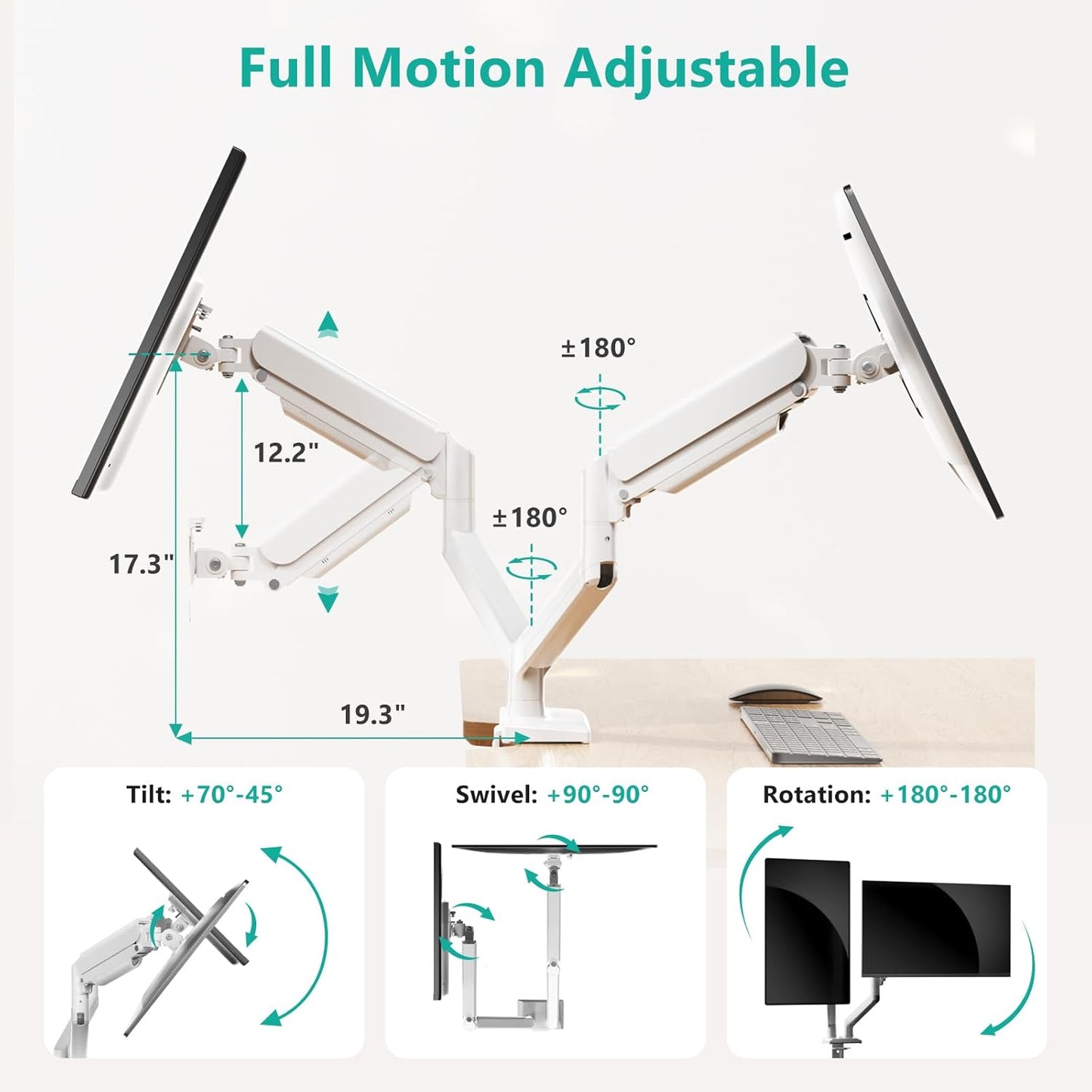 WALI Dual Monitor Stand for 17-32 inch Screens, Dual Monitor Arms for 2 Monitors Holds up to 19.8 lbs, Adjustable Gas Spring Dual Monitors Mount, VESA 75x75/100x100mm (GSMP002NW), White