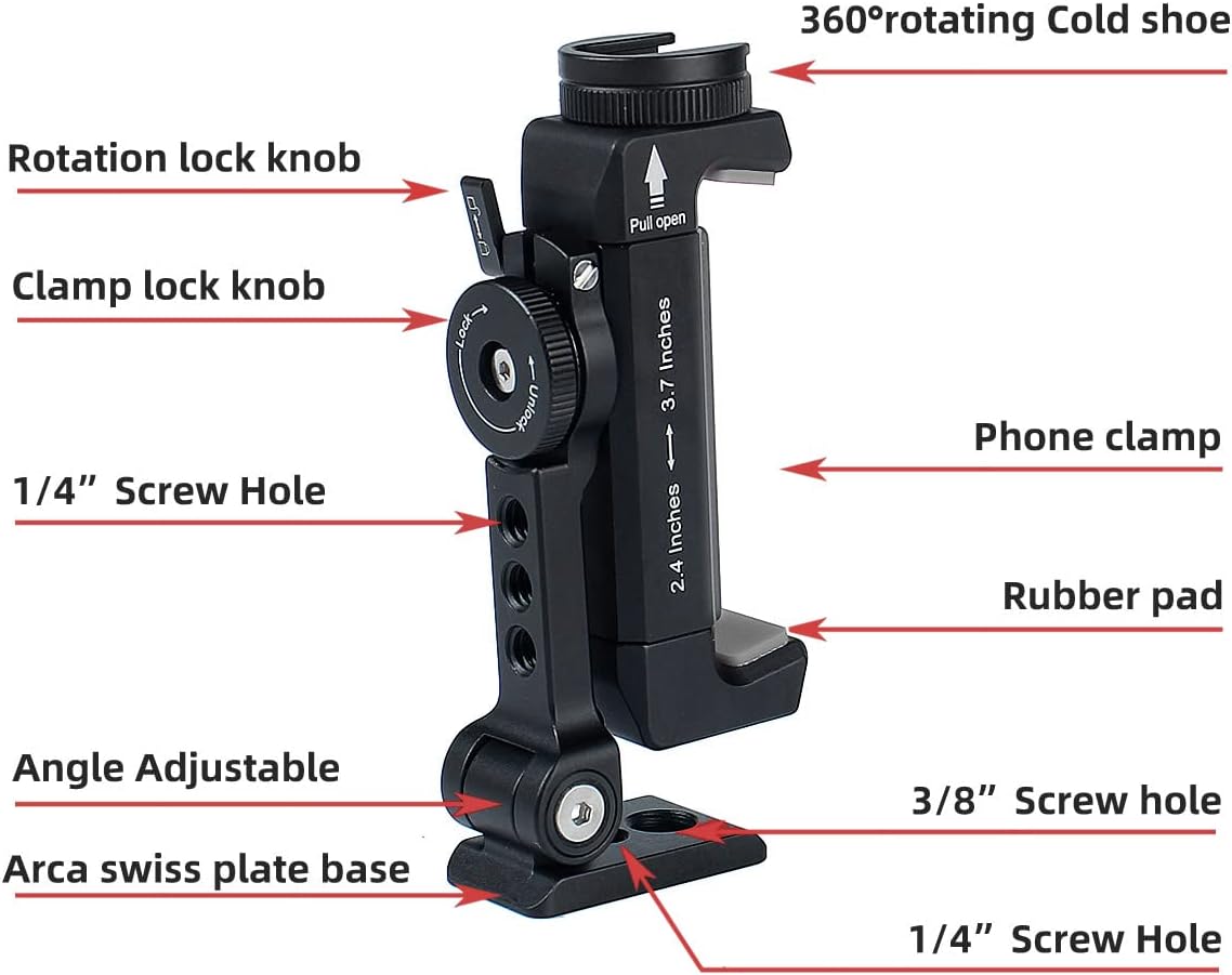 Metal Phone Tripod Mount w Rotatable Cold Shoe for Micphone Easy Use,Compatible with iPhone Tripod Adapter, Cell Phone Mount Holder,Hot Video Creater Vlogging Rig