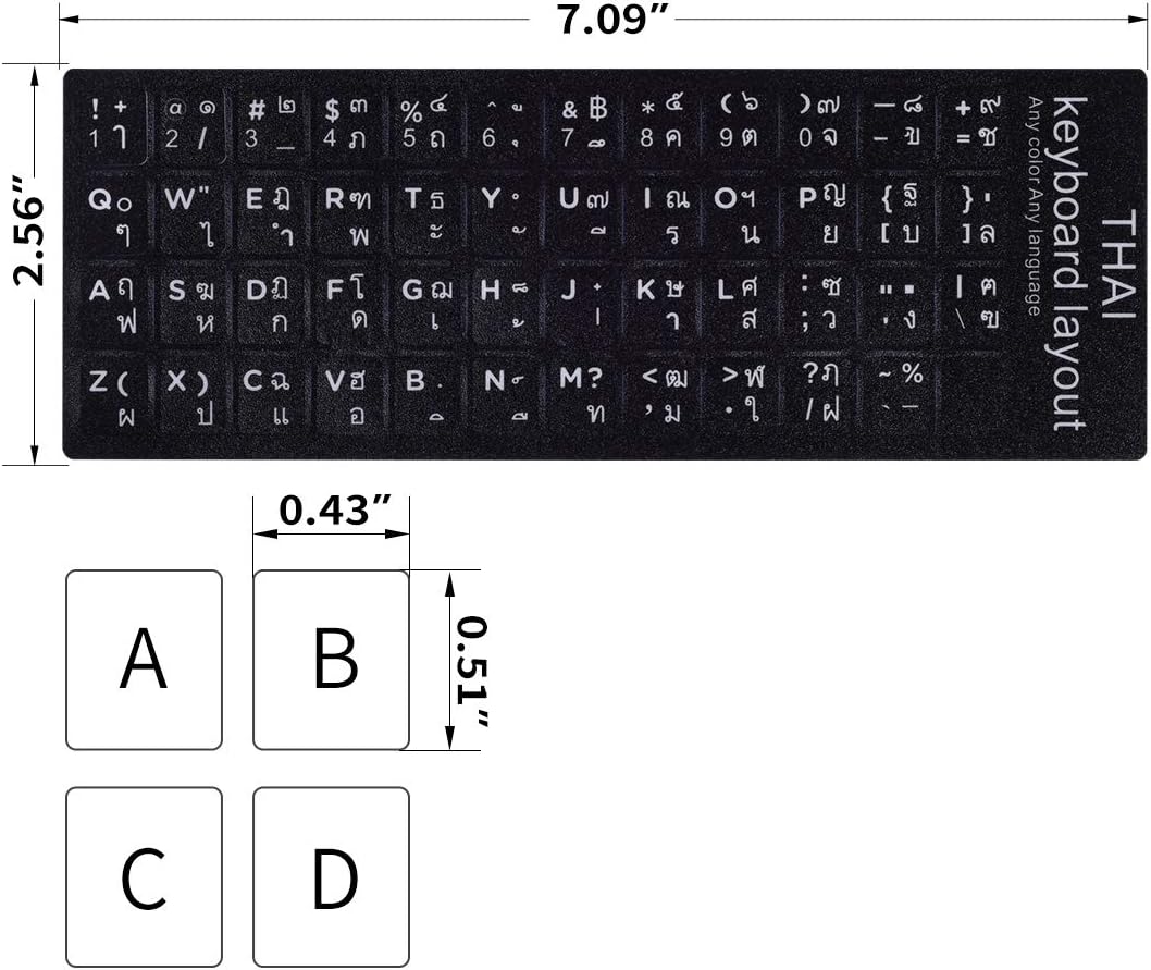 2PCS Thai-English Keyboard Letters Replacement Stickers - White Font on Black Background for Computer, Laptop, Notebook, Desktop - Matte Vinyl Alphabet Stickers