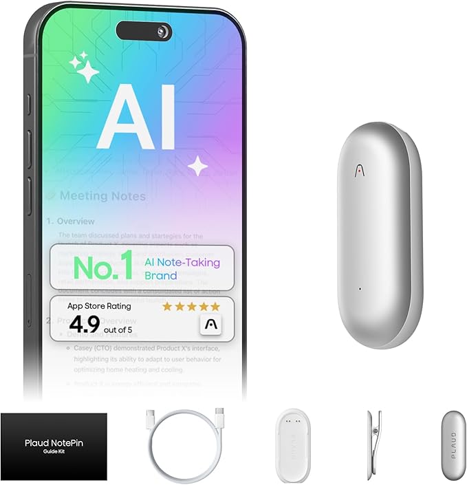 Plaud NotePin Voice Recorder, AI Voice Recorder, App Control, AI Notetaker, AI Transcribe & Summarize, Support 112 Languages, 64GB Memory, Audio Recorder for Lectures, Meetings, Lunar Silver