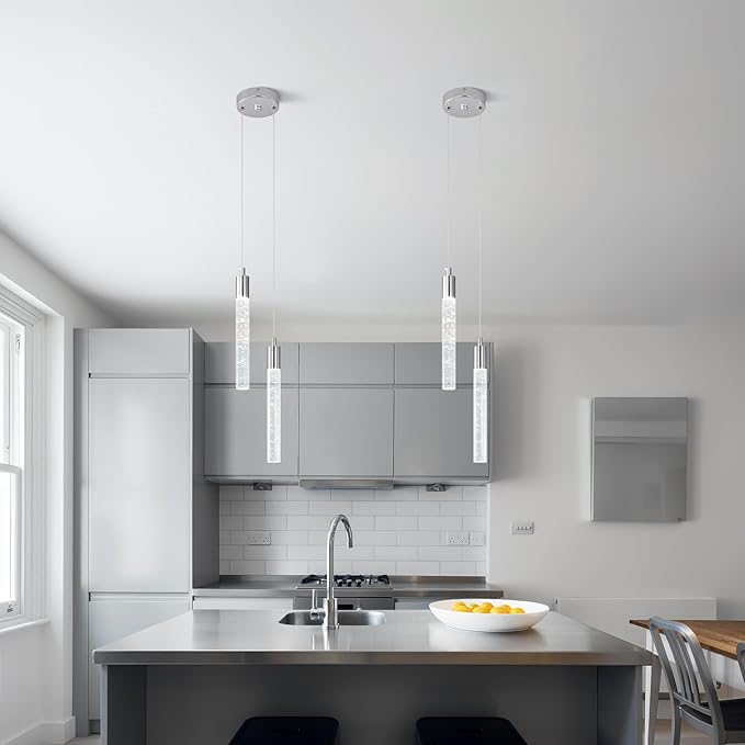 Modern Light Fixture Kitchen Island Pendant Light Dimmable LED Chrome Pendant Lights Mini Crystal Pendant Lighting for Bedroom Dining Room Living Room（2-Light ）