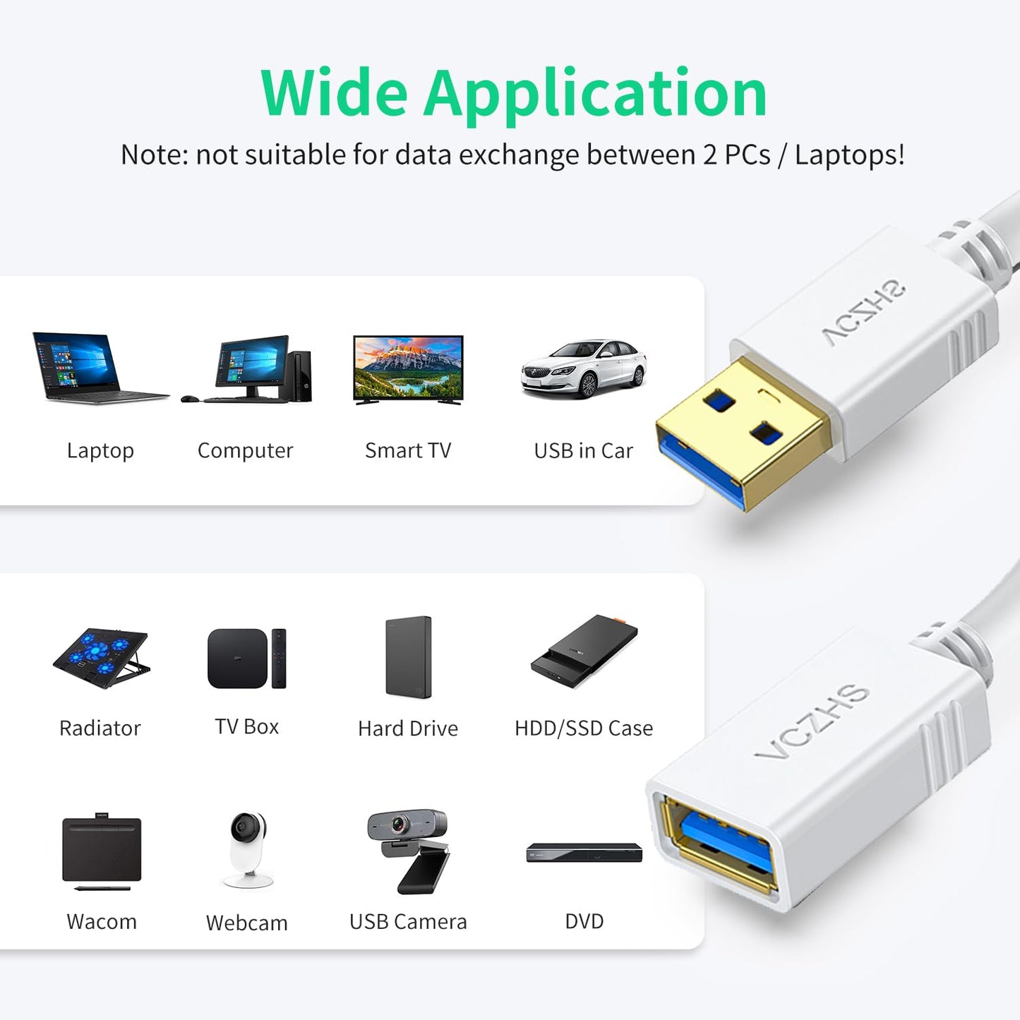 VCZHS Tech USB Extension Cable White 3.3ft, USB 3.0 Extender for High-Speed Data Transfer & Fast Charging, Durable & Flexible for Mouse, Keyboard, Printer, Flash Drive, Webcam, and More