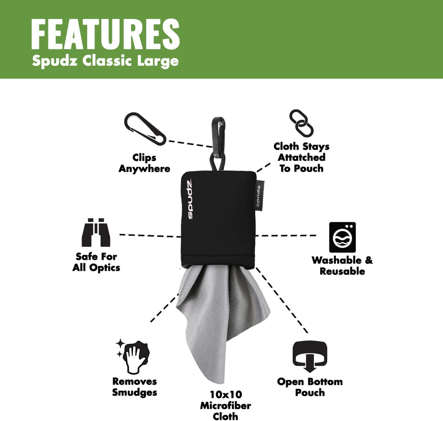 SPUDZ Classic Microfiber Lens Cleaner – Clip-On Pouch, Washable – for Binoculars, Scopes, Glasses, Screens | Avocado, 10 x 10 Inch