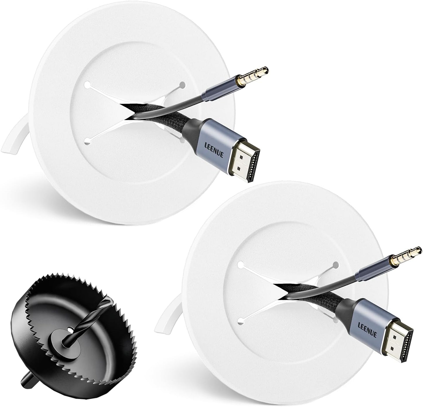 in Wall Cable Management Kit, Slim TV Wire Hider Kit for Wall Mounted TV, 2 Pcs Pass Through with Hole Saw for Network, HDMI, Speaker Cables, Coaxial, White