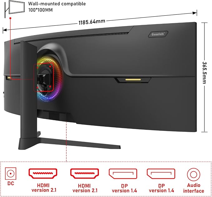 Gawfolk 49 inch Ultra-Wide Curved 1500R Gaming Computer Monitor, DQHD(5120×1440), 240Hz, 1MS, FreeSync, 120% sRGB, Height Adjustable PC Screen, HDMI2.1 & DP1.4, Compatible Wall Mount 100*100mm-Black