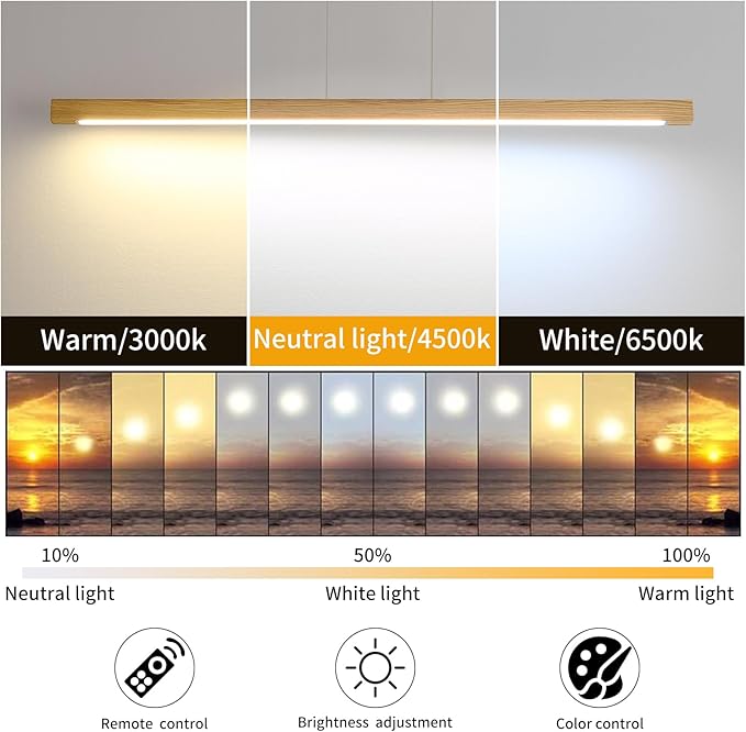 Wooden Linear Pendant Light, 47" Modern Chandeliers for Dining Room, Dimmable Pool Table Island Lights for Kitchen, LED Ceiling Pendant Lamp for Dining Room Billiard Room, Natural Ash
