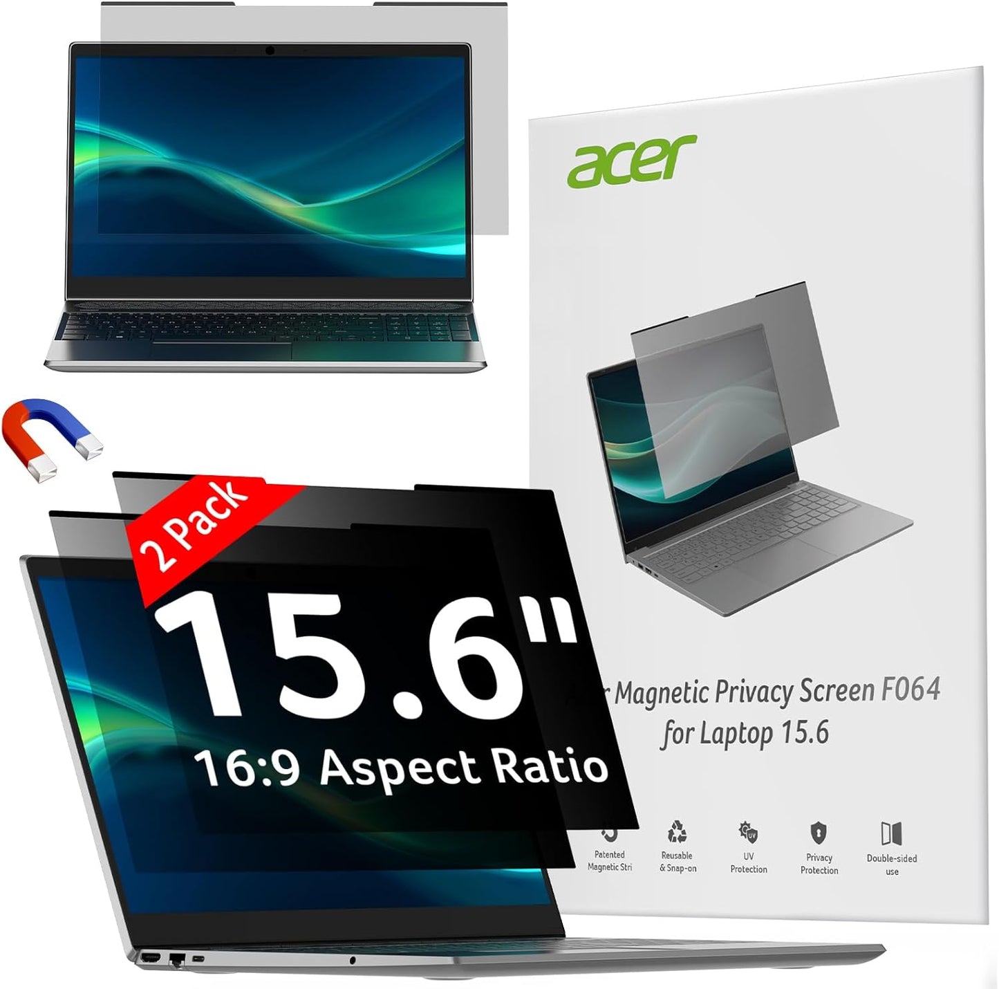 acer 2-Pack Laptop Privacy Screen - for Laptop 15.6 Inch 16:9, Magnetic & Removable Privacy Filter Shield, Anti-Glare Screen Protector, Dual-Sided Monitor Shield, for HP, Dell and Other Major Brands