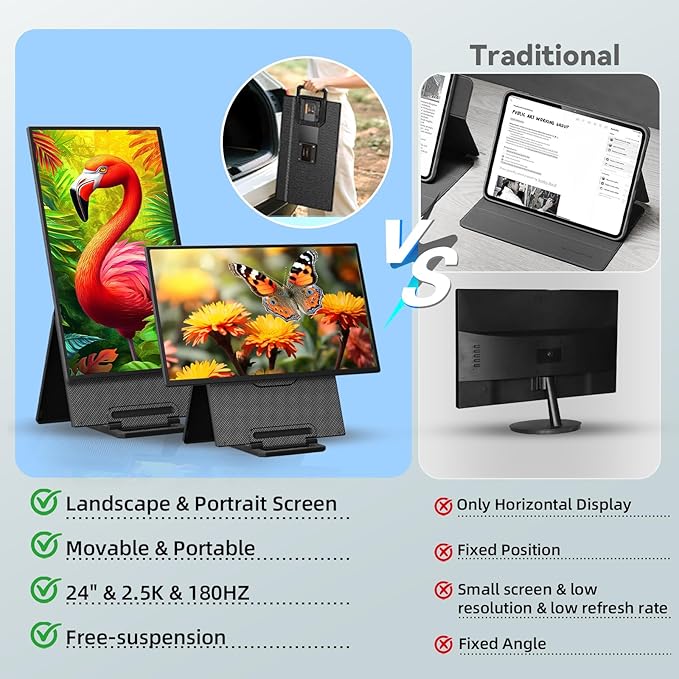 24" 180Hz Gaming Monitor, 2.5K 2560x1440 QHD Fast IPS 112.5% sRGB Large Portable Monitor, Height & Rotation Adjustable Stand Type-C HDMI Eye Care External Screen for Laptop Phone PS4&5 Switch Xbox