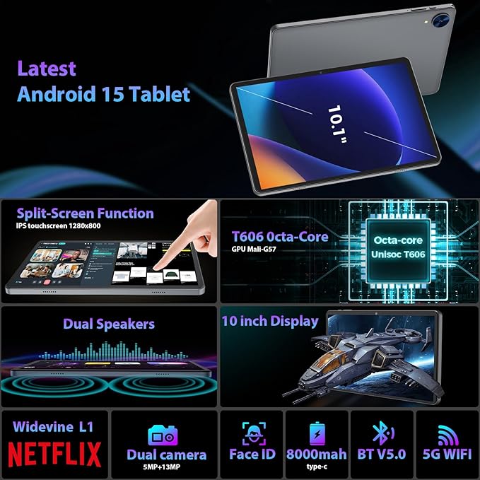 Android 15 Tablet with Keyboard, 26GB RAM, 256GB ROM(2TB Expand), 10 inch tablet with Octa-core, 8000mAh Battery, 2.4G/5G WiFi, BT 5.0, 5MP+13MP Camera, Gemini AI, Case, Mouse, Stylus (Black Case)