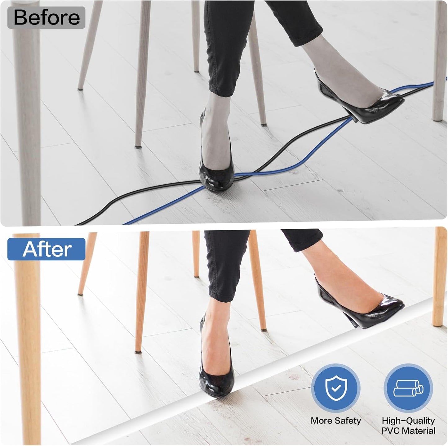 Floor Cord Cover Self Adhesive Cord Hider Floor Extension Cord Covers for Floor Power Cord Protector Cable Management Prevent Cable Trips Cable Cavity 0.32" W x 0.32" H (White, 10Ft)