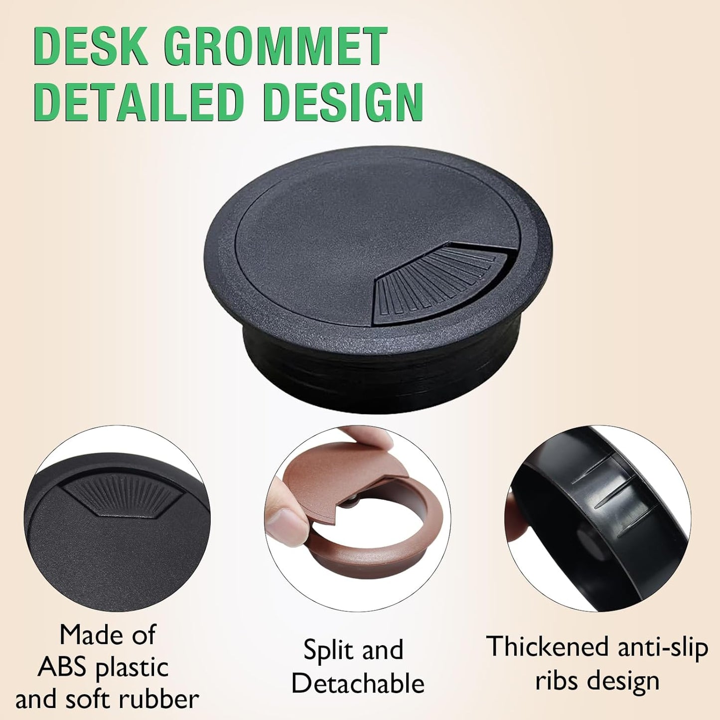 2 Pcs Desk Grommet 2-3/8" / 60 mm, Desk Cord Hole Cover, Cable Grommet ABS Plastic, Desk Hole Grommet for Home & Office Pc, Detachable Adjustable Cable Cord Organizer-White