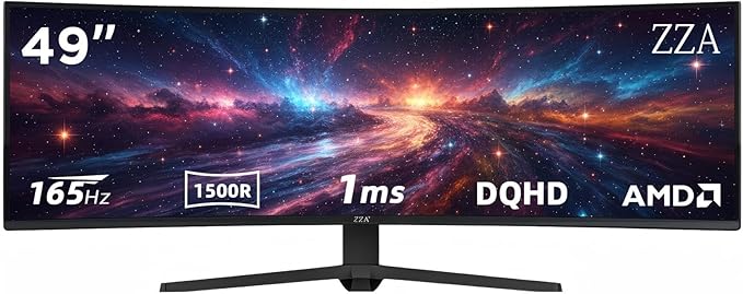 49 Inch Ultrawide Curved Gaming Monitor, Dual QHD 5120×1440 32:9, 165Hz 1ms, HDR, G-Sync & FreeSync Compatible, 1500R VA Display, Low Blue Light, HDMI & DP, Height Adjustable, VESA Mountable