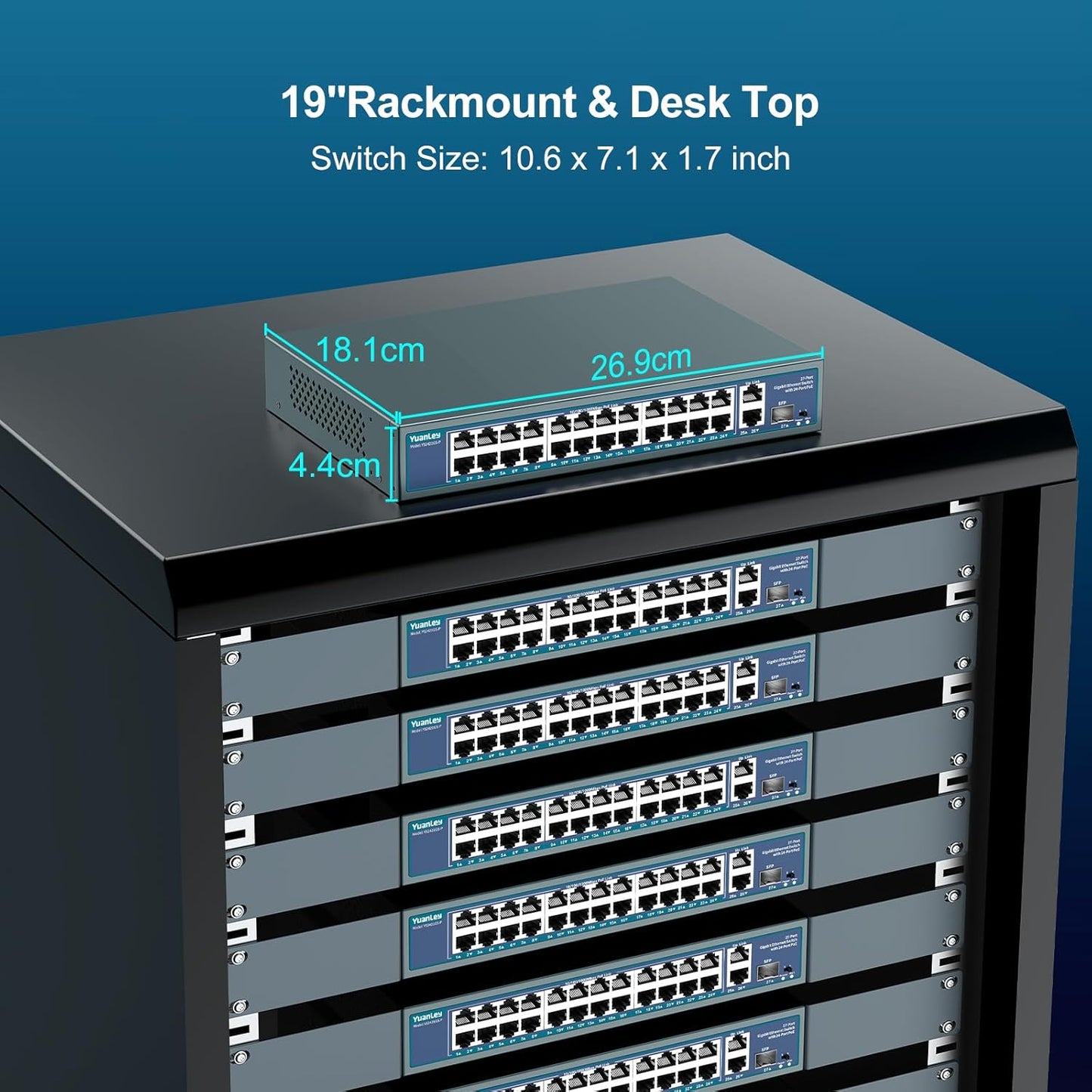 24 Port Gigabit PoE Switch Unmanaged, YuanLey 27-Port Gigabit PoE with 2 Uplink & 1 SFP, Rackmout, Build in 400W Power, Support 802.3af/at, Plug and Play, One-Key VLAN, Metal Case