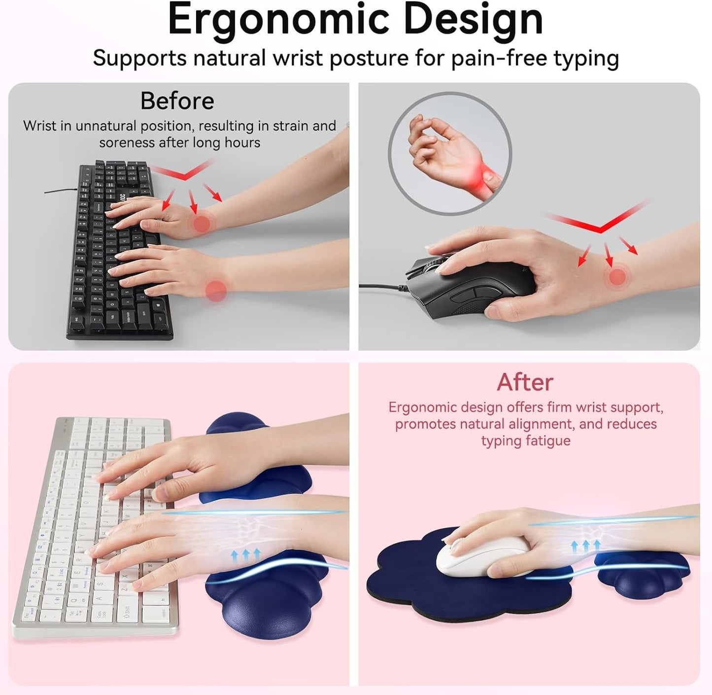 Cloud Wrist Rest for Computer Keyboard, 4-in-1 Memory Foam Leather Cloud Keyboard Wrist Rest and Mouse Pad Set with Ergonomic Support for Arm and Palm Cushion, Gaming/Work Setup, Dark Blue