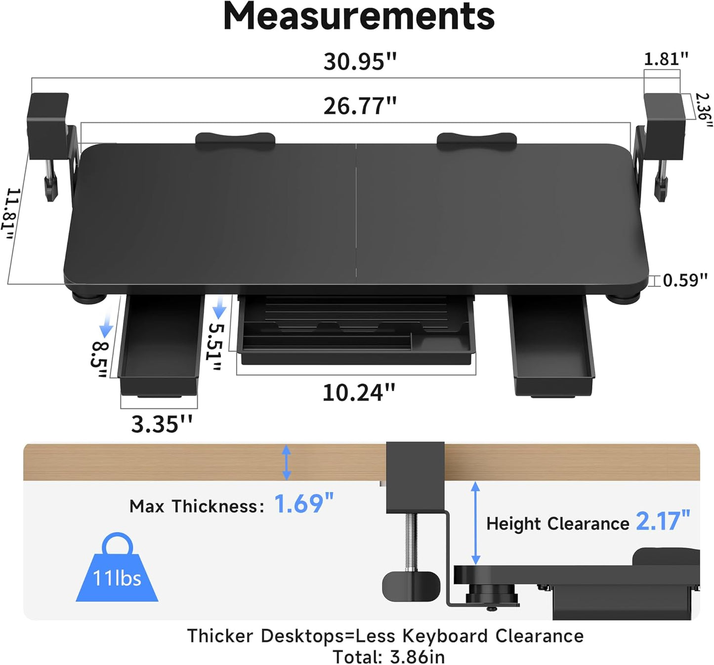 Keyboard Tray Under Desk with Storage Drawer Large C-Clamp 26.7”(31” Including Clamps) x 11.8” Slide-Out Platform Computer Drawer Pull Out Keyboard & Mouse Tray DSF7CT