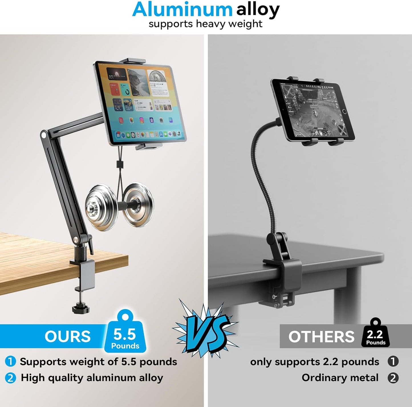Jakeko Adjustable Tablet Mount for Desk - 360 Degree Rotating Base Tall Arm Holder Stand Swivel Flexible Clamp Soporte para Tablet/Portable Monitor/Ebook
