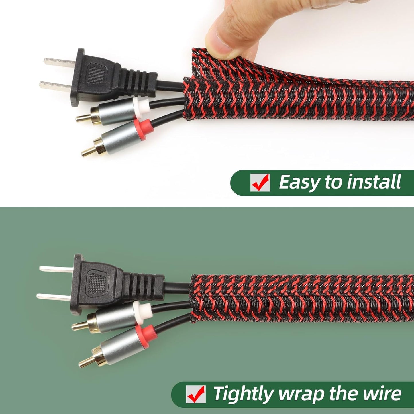 Split Wire Loom Tubing, Cable Protector Sleeve, Braided Cable Management for TV/Computer/Home Theater/Engine Bay, Cord Protectors from Pets No Chew (Red and Black, 3/8"-25ft)