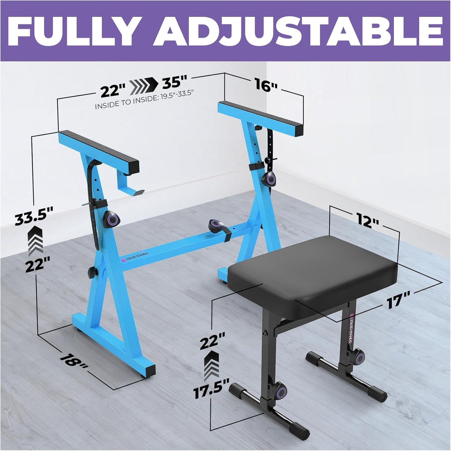 Liquid Stands Portable Heavy Duty Digital Piano Stand & Bench Set - Adjustable Keyboard Music Stand & Seat for 54-88 Key Electric Pianos (Light Blue)