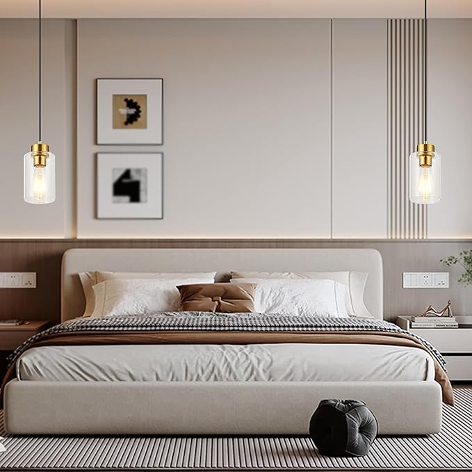 Pendant Lights Kitchen Island, Brushed Brass Pendant Light Fixtures with E26 Base & Adjustable Cable, Modern Pendant Lighting with Glass Shade for Living Room Bedroom Hallway, 2 Packs