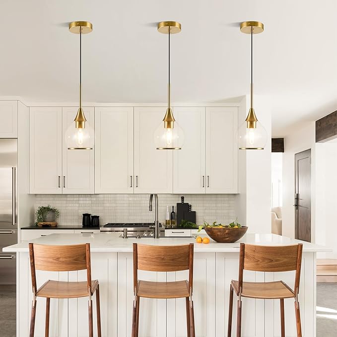 1-Piece Island Light for Kitchen, 1-Light Gold Kitchen Island Hanging Pendant Light, Brushed Gold Dining Room Light Fixture Over Table with Clear Round Glass Shades