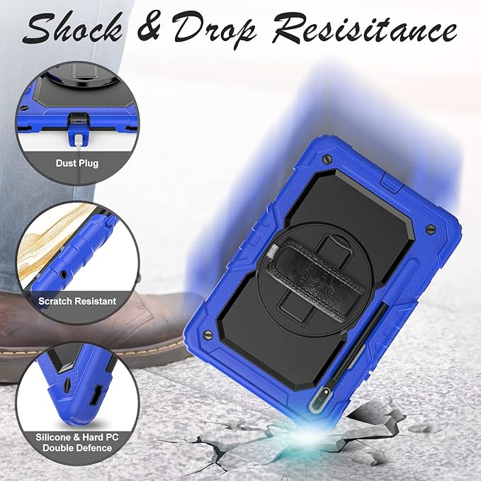 Case for Samsung Galaxy Tab S8/S7 11-inch 5G Tablet Case 2022/2020 [with Tempered Glass Screen Protector], 360° Rotating Kickstand/Hand & Shoulder Strap/S Pen Holder (Blue)