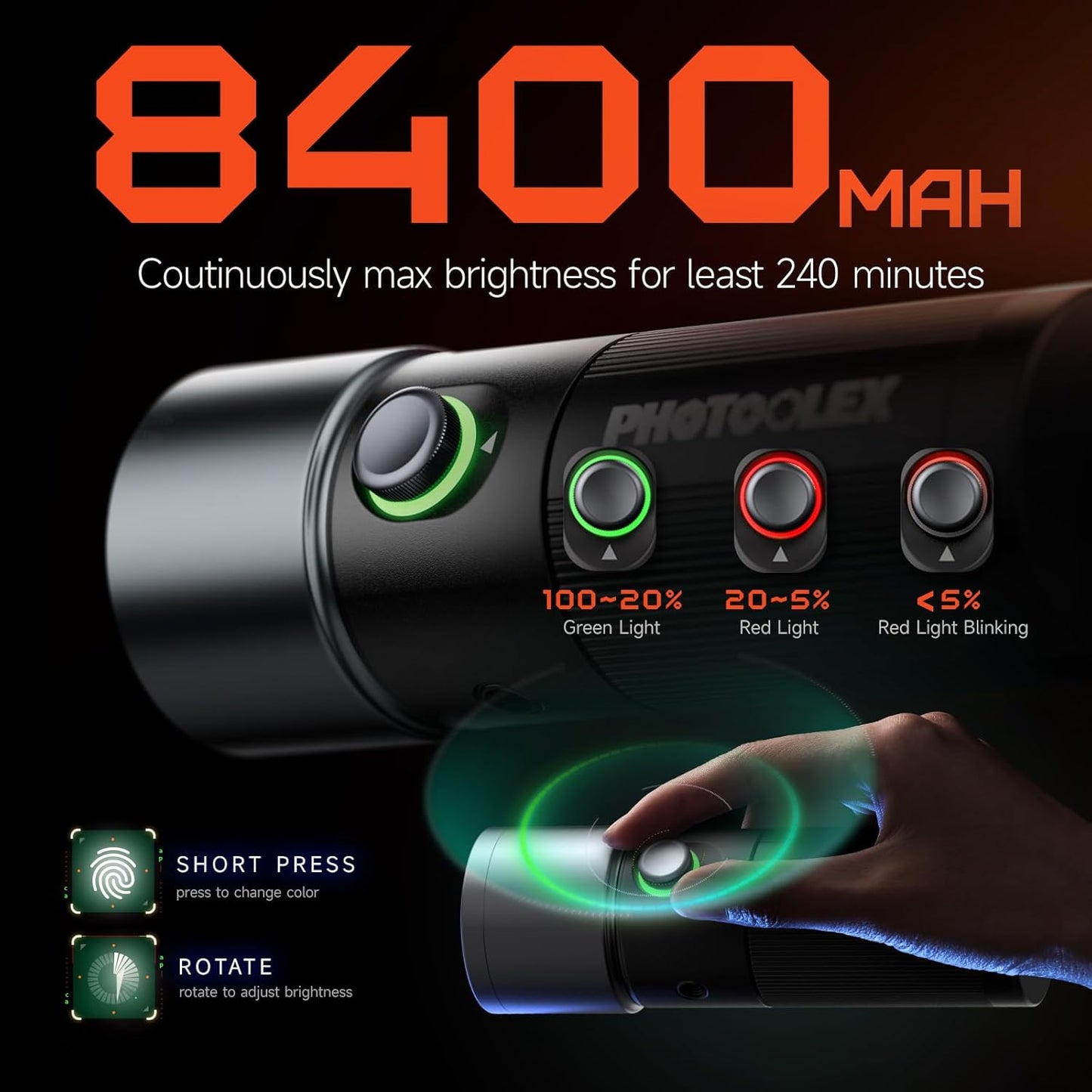 PHOTOOLEX 4 Colors Photography Flashlight, 8400mAh Power Portable Spotlight for Photography, LED Flashlight Aluminum Alloy Light for Video Recording & Vlogging, Sunset Light Rechargeable Flashlights