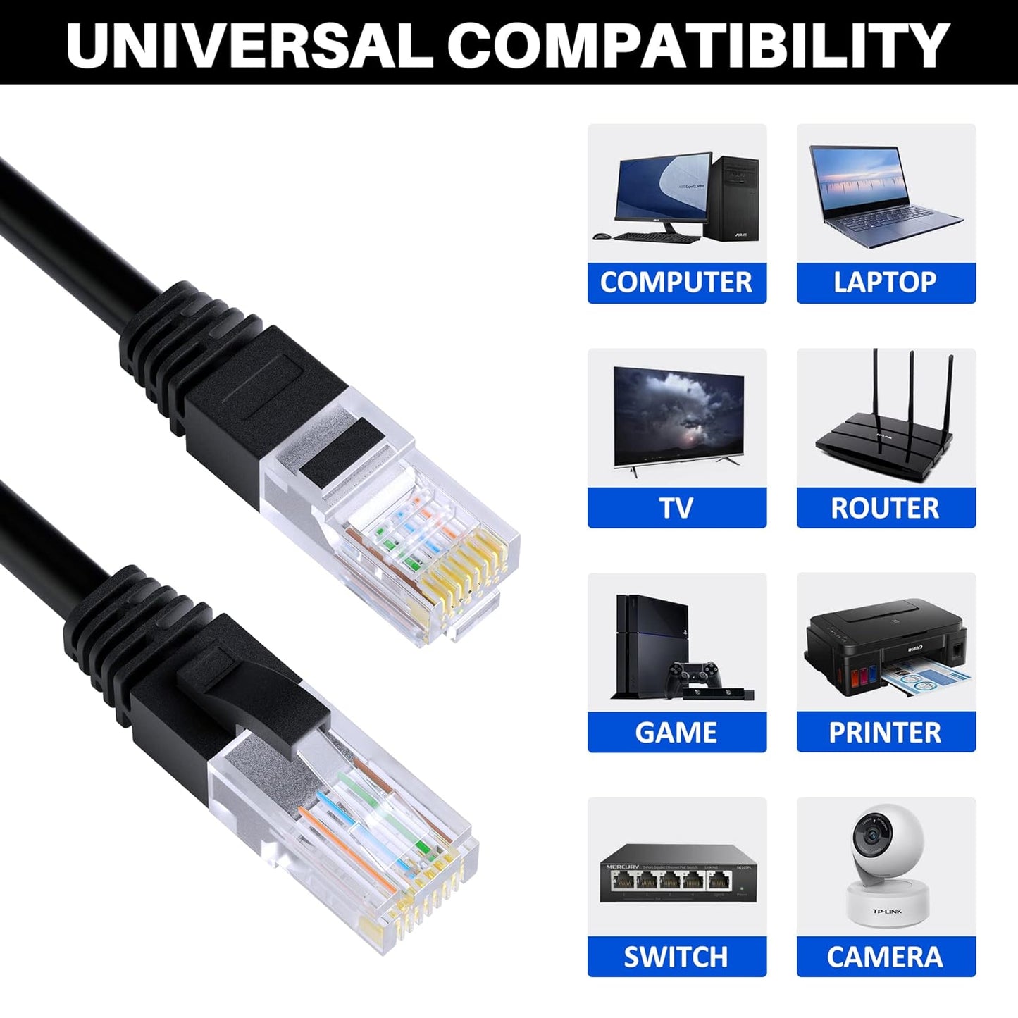 Cat5e Ethernet Cable 125 FT, Long Cat 5e Internet Cable, Black Snagless Patch Cord, Flexible, Network, LAN, PoE, Standard RJ45 Connector for PC, Server, Router, Modem, TV, PS5 - with 15 Cable Ties