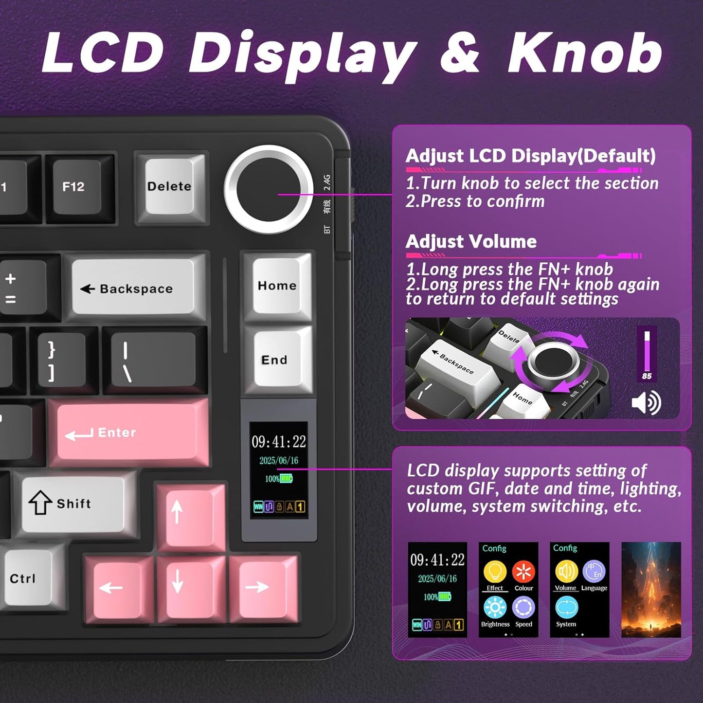 AULA S75 PRO Wireless Mechanical Keyboard with Screen&Knob, 75% Hot Swappable Gaming Keyboard with Pre-lubed Switches, RGB Backlit, PBT Keycaps Creamy Sounding Pc Gaming Keyboards