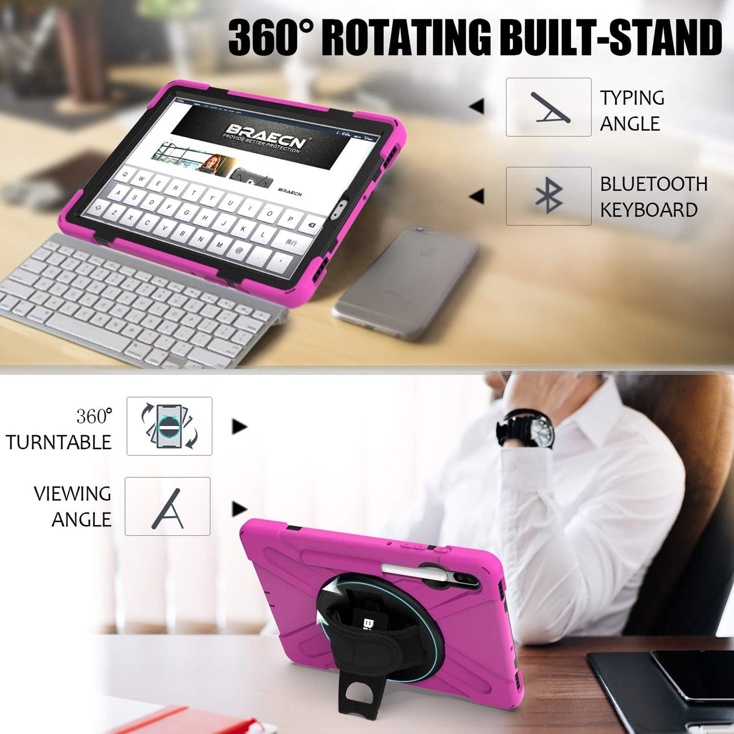 BRAECN for Galaxy Tab S6 10.5 2019 Case T860,Heavy Duty Shockproof Rugged Case with Hand Strap/360 Rotating Stand and Shoulder Strap for Samsung Tab S6 SM-T860/T865/T867 2019 (Rose Red)