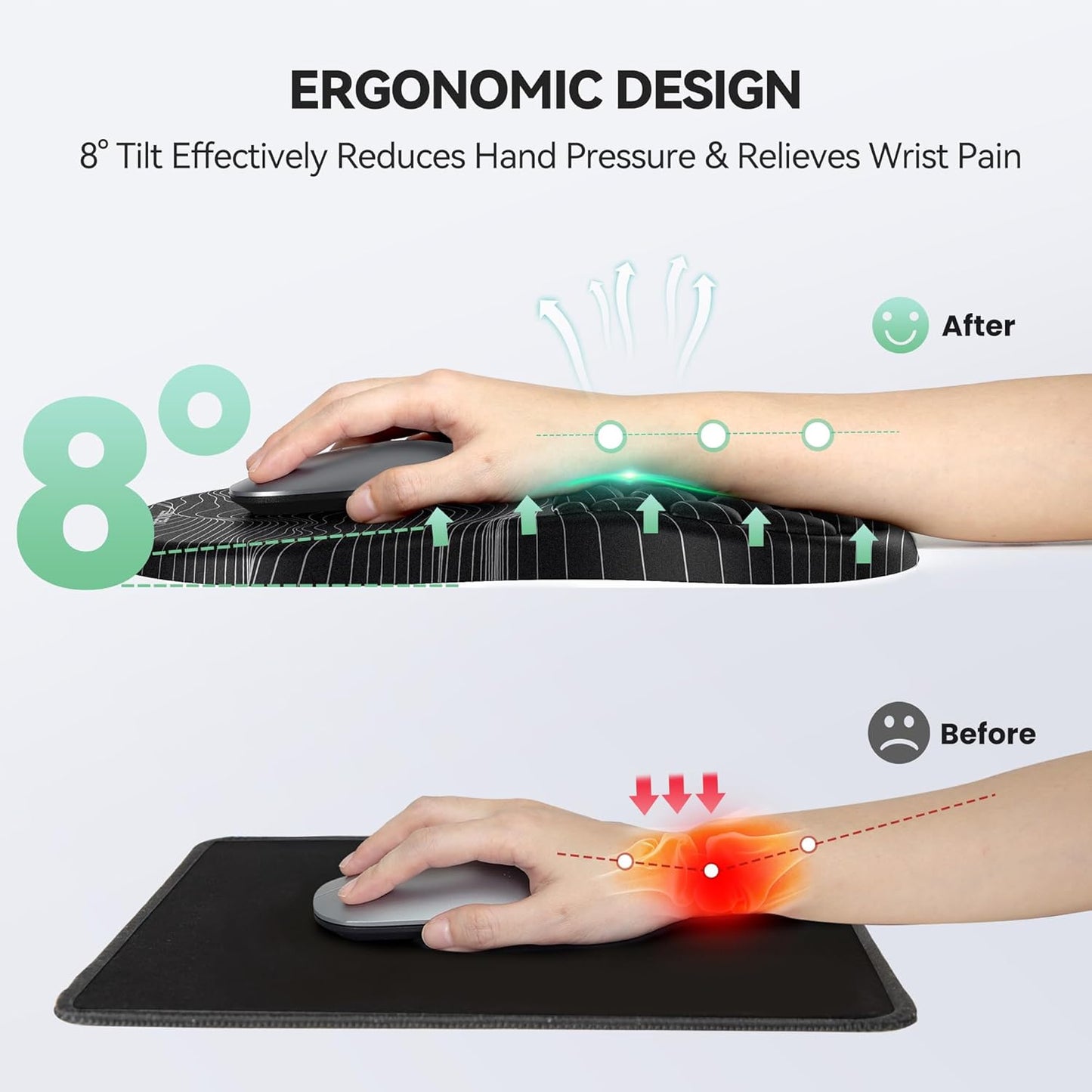 TECKNET Ergonomic Mouse Pad with Wrist Rest, Soft Mousepad with Massage Design, Memory Foam and Non-Slip PU Base for Pain Relief, Gaming Mouse Pad for Desk, Home, Office, 12x8 Inches, Black White