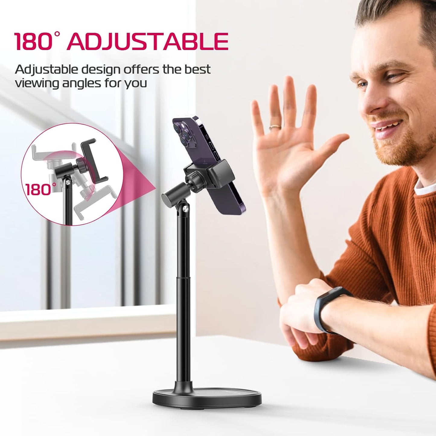 ULANZI Cell Phone Stand Mount for Desk, Vijim HP004 Adjustable Height & Angle Phone Holder, 360 Degree Rotating Desktop Phone Stand Compatible with iPhone, Samsung and All Phones