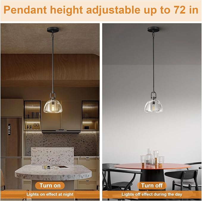 Pendant Light Fixture, 7" Glass Modern Black Pendant Lights Kitchen Island, Hanging Glass Dome Pendant, Black Kitchen Pendant Lighting Over Island, E12 Bulb Included