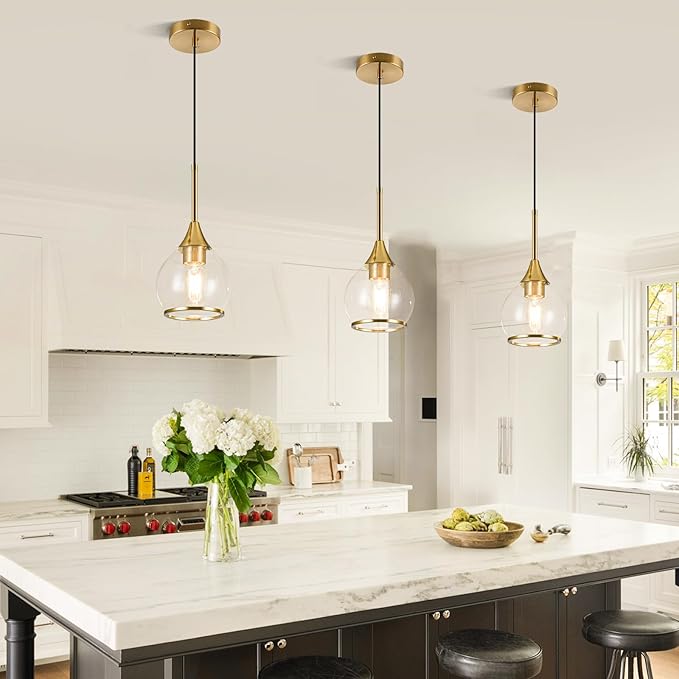1-Piece Island Light for Kitchen, 1-Light Gold Kitchen Island Hanging Pendant Light, Brushed Gold Dining Room Light Fixture Over Table with Clear Round Glass Shades