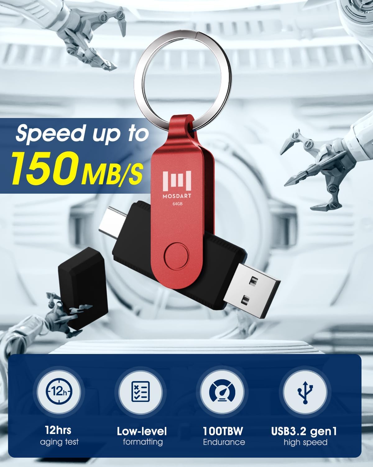 MOSDART 64GB USB3.1 Fast Speed C and A Dual Flash Drive, exFAT Memory Stick with Keychain and LED Indicator, for iPhone 15 and 16, Android Phone, iPad, MacBook, and Other Laptops, Red