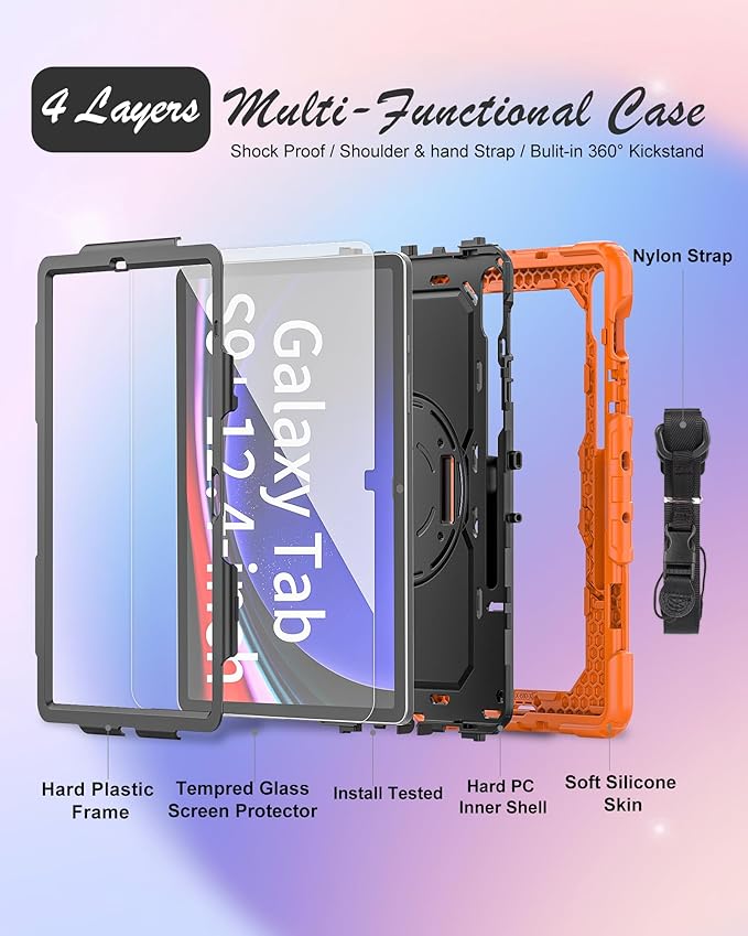 Case for Samsung Galaxy Tab S10 Plus/ S9 FE Plus/ S9 Plus 5G Tablet 12.4'', Shockproof Protective Cover with [Tempered Glass Screen Protector], Stand, Shoulder Strap & S Pen Holder (Orange)