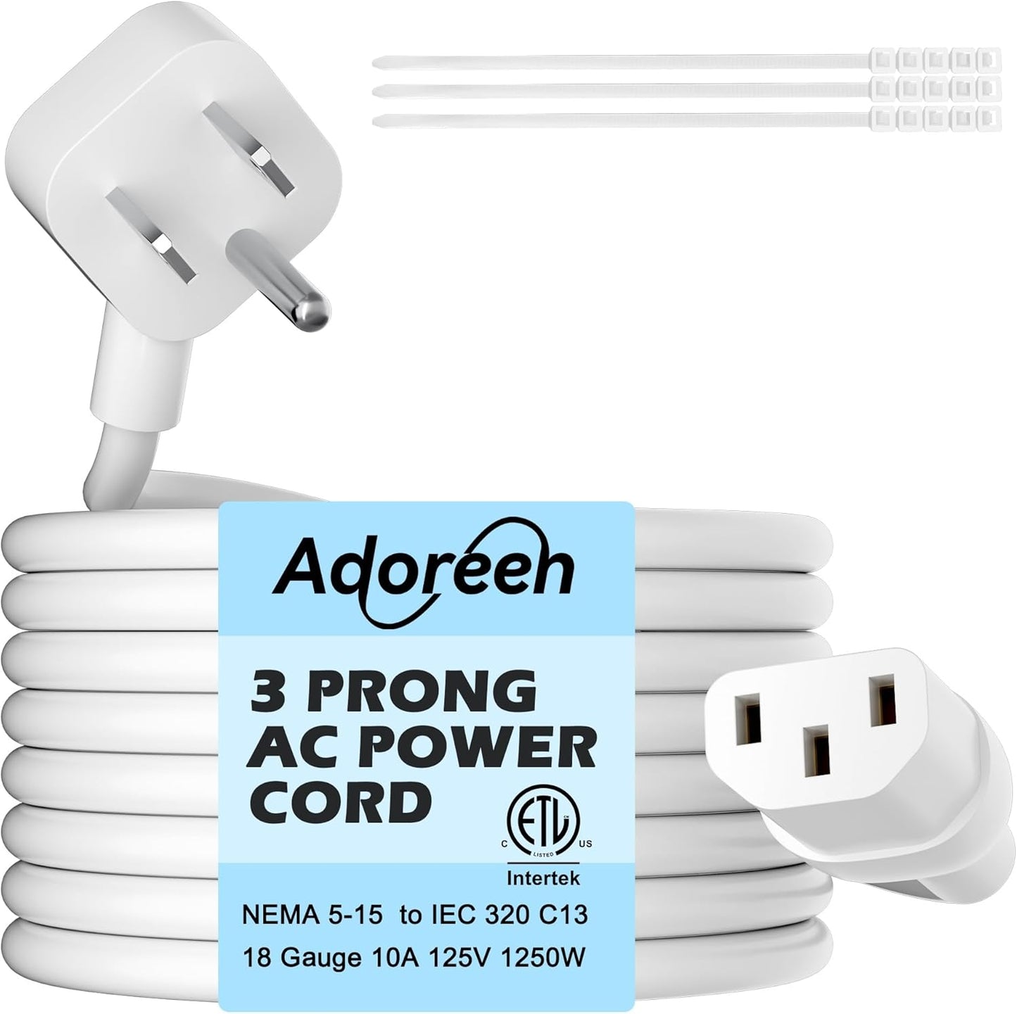 Adoreen 15 Ft Computer TV Replacement Power Cord White, Low Profile Flat Plug 18AWG 3-Prong AC Universal Power Supply Cable NEMA 5-15P to IEC 320 C13 for Printer, PC, Monitor TV LCD, ETL+Ties