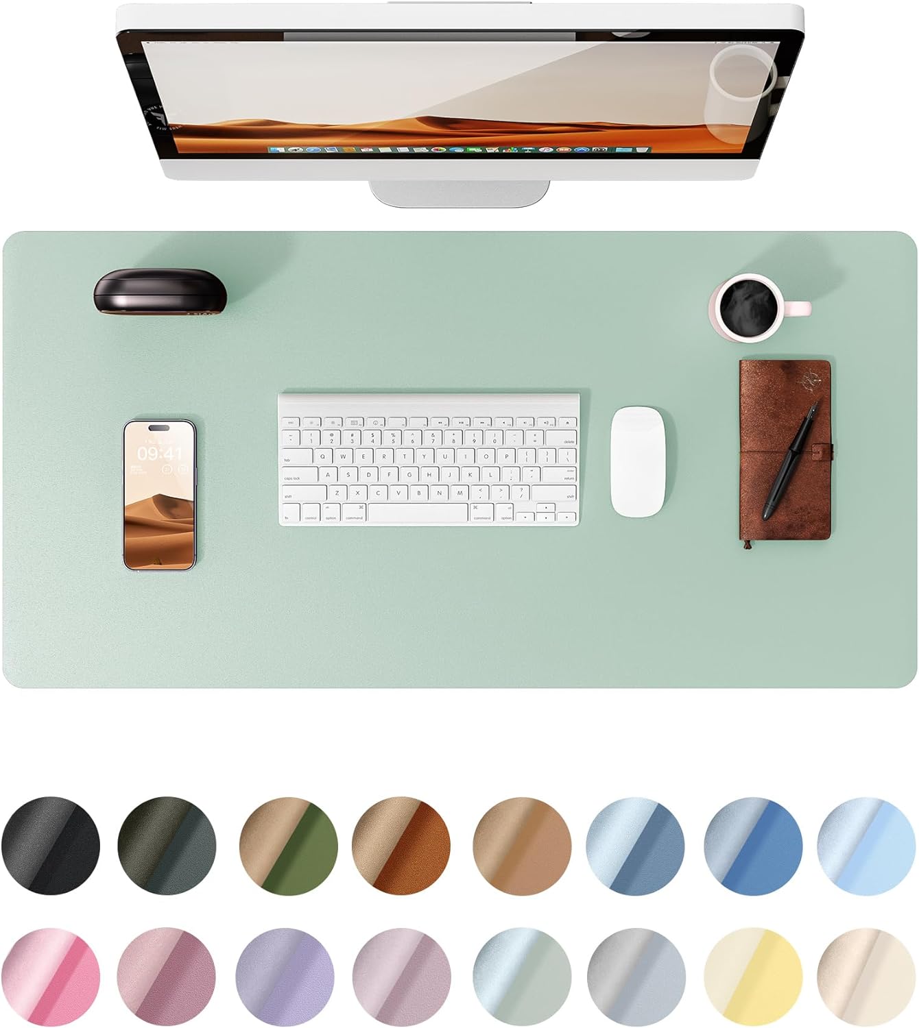 YSAGi Leather Desk Protector, Office Mat, Large Mouse Mat, Non-Slip PU Leather Blotter, Laptop Pad, Waterproof Writing Pad for Office and Home (Pale Green, 23.6" x 13.8")