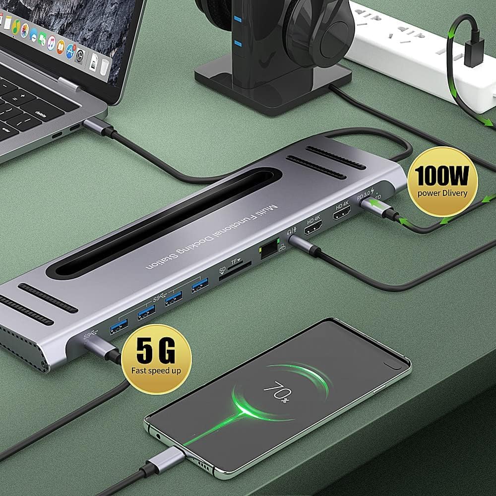 USB C Docking Station,Onten USB-C to Dual HDMI Adapter HUB .12-in-1 USB-A 3.0, USB-C 3.0 Gigabit Ethernet Dual-solt sd/tf Card Reader,PD 100w Charger (DP Alternative Mode Required)