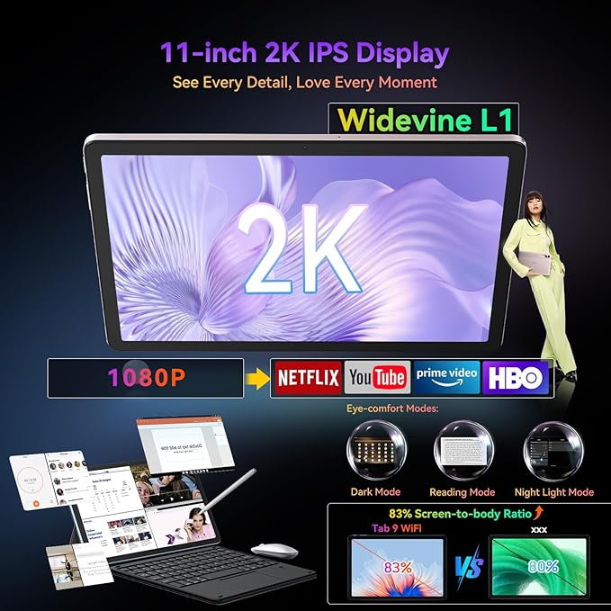 Blackview Tablet 2025, 11 inch Android Tablet with 18GB+256GB Storage(Expand to 2TB), Tab 9 WiFI Android 14 Tablets with 2.4K FHD Display, Widevine L1, 8200mAh, 5G WiFi, 13MP+8MP/Face ID/PC Mode, Blue