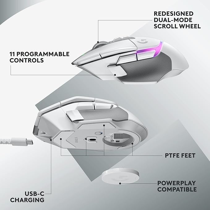 Logitech G502 X Plus Wireless Gaming Mouse - LIGHTSPEED Optical, LIGHTFORCE Switches, LIGHTSYNC RGB, HERO 25K Sensor for PC/Mac - White