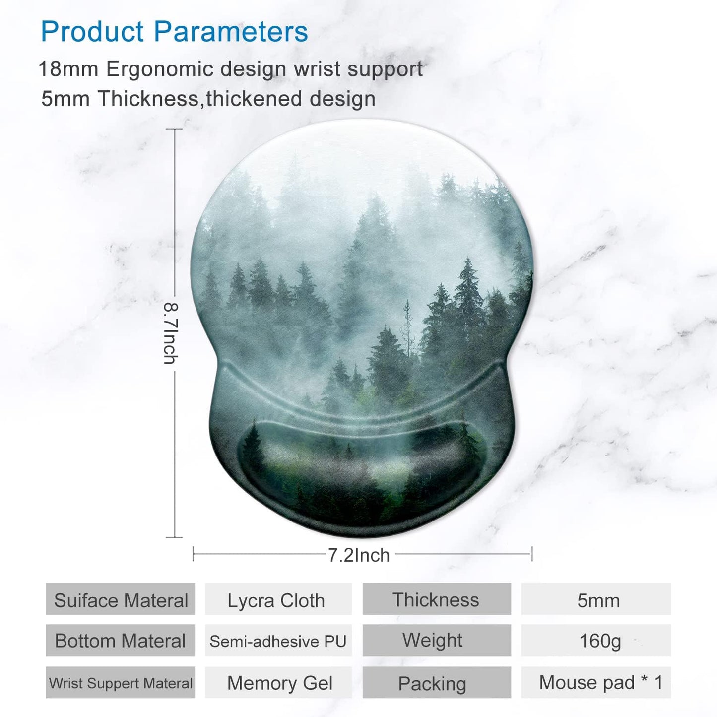 ITNRSIIET Ergonomic Mouse Pad with Gel Wrist Support Small Wrist Rest Smooth Surface Non-Slip PU Base Comfortable Office Supplies Pain Relief, 8.7 x 7.2 inches, Fog Forest
