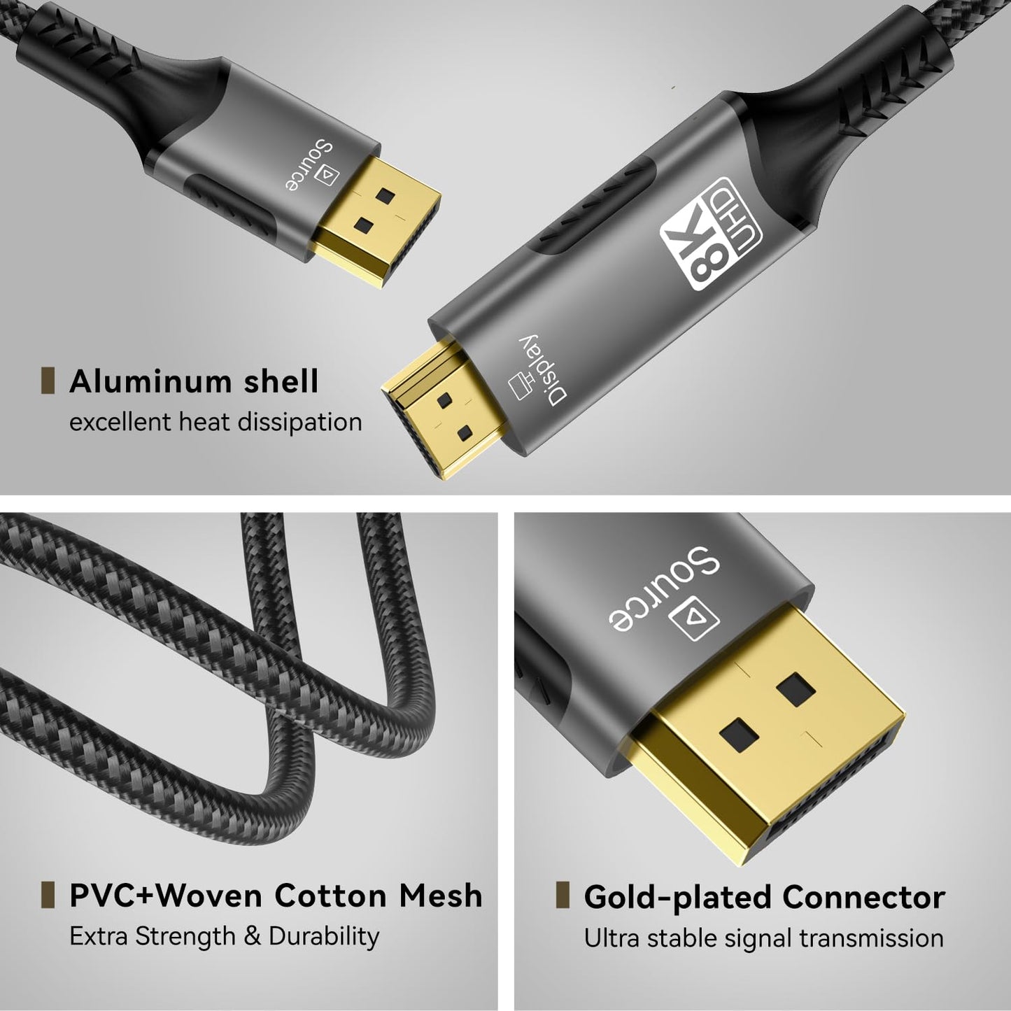 FDBRO 8K DisplayPort to HDMI Cable Active 8K@60Hz 4K@120Hz 32.4Gbps, Uni-Directional, DP 1.4 to HDMI 2.1 Cord Support HDR/HDCP 2.2/DSC 1.2 for Gaming Monitor, TV, PC (Gray & Black, 1M (3.3FT))