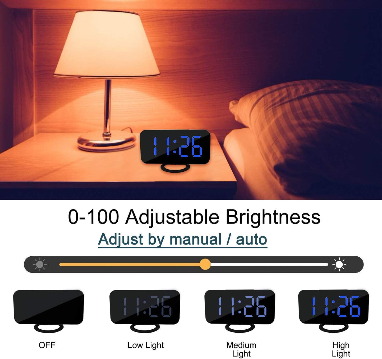 Digital Alarm Clock,Mirror Surface LED Electronic Clocks,with USB Charger,Snooze Model, Auto/Custom Brightness,for Office Table Bedroom Nightstand(Black-Blue)