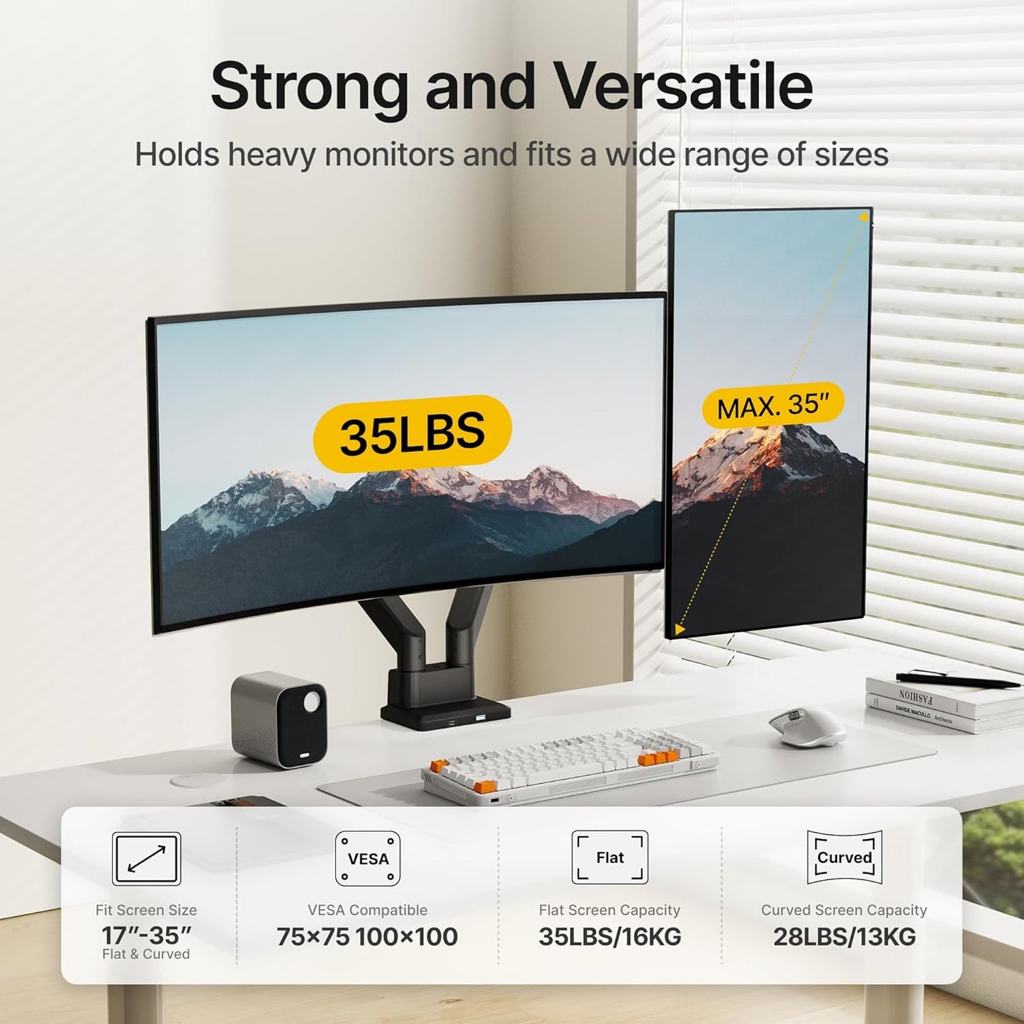 monTEK Dual Monitor Mount with USB Monitor Arms for 2 Monitors for 17 to 35 Inch Curved Screen Holds 35 Lbs Adjustable Heavy Duty Monitor Desk Mount Cable Management, VESA 75/100mm, MA1007UCBK-D