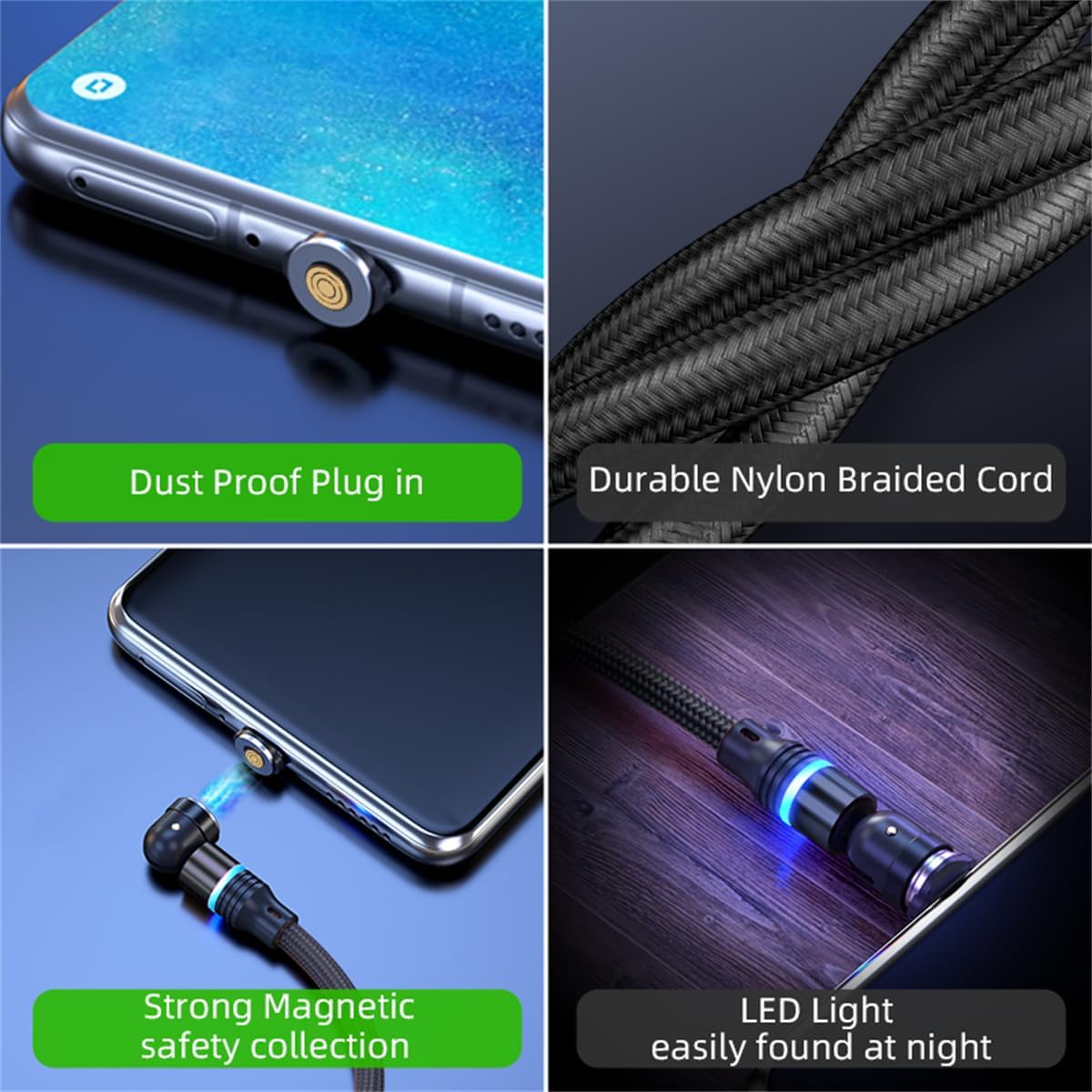 Magnetic Charging Cable (6-Pack,1.6+3.3+3.3+6.6+6.6+10ft) 540° Rotation 3A Fast Charging Data Sync 3 in 1 Magnetic Phone Charger Cable with LED Light Compatible with Micro USB Type C Phone Device